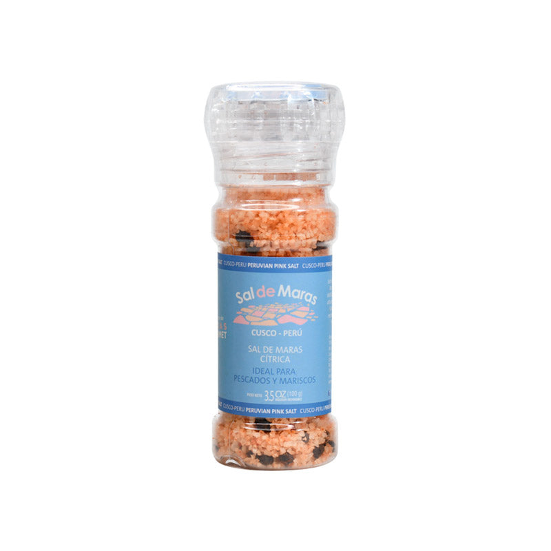 Rosa Salz aus Maras Citrus 100g in nachfüllbarer Mühle – ideal für Fisch und Meeresfrüchte